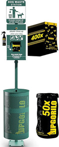 Pet Waste Station - Includes 400 Pull Out Bags & 50 Can Liners - Original Glow in the Dark Dog Waste Station with Dog Poop Sign, Bag Dispenser, Hand Sanitizer Bottle & Outdoor Trash Can with Lid