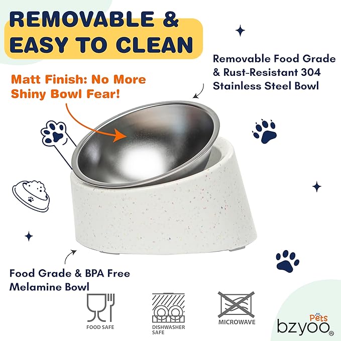 bzyoo 16oz Tilted Dog Bowl for Small Dogs & Cats, 15° Elevated Stainless Steel Pet Feeder, Ergonomic Anti-Vomiting Food Bowl for Frenchie, Pug, Persian Cat, Non-Skid Melamine Stand, Sprinkle (White)