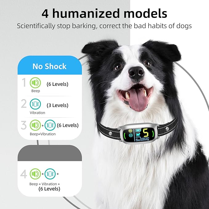 Dog Bark Collar for Large Medium Small Dogs, Rechargeable Smart Bark Collar, Anti Barking Training Collar with 5 Adjustable Sensitivity Beep Vibration (Silver)