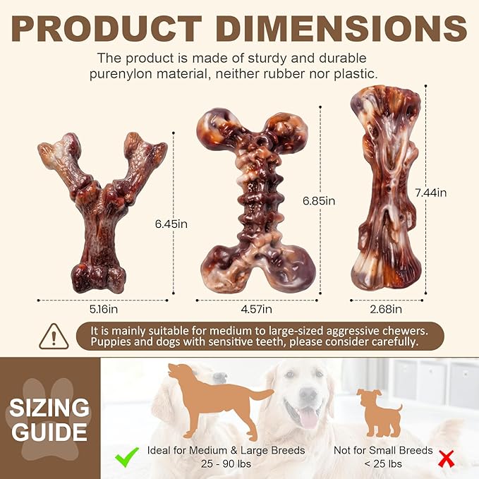 6-Pack Heavy Duty Nylon Dog Chew Toys for Medium Large Dogs, Bacon Flavor, Pure Nylon for Aggressive Chewers, Reduces Boredom, Varied Shapes, Designed for 25-90 lbs Breed Sizes