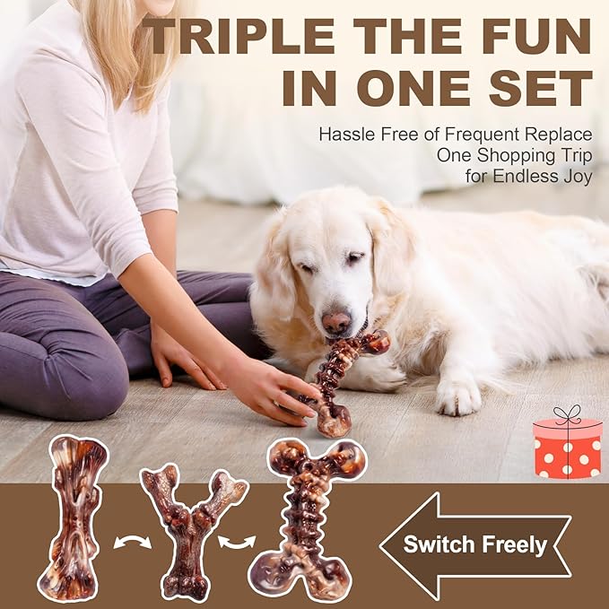 Dog Toys for Aggressive Chewers - 3 Pack Bacon Flavored Indestructible Dog Toy, Big Tough Chew Bone for Medium Large Breed 25-90lbs to Keep Them Busy, Happy Dog Gift (Brown)