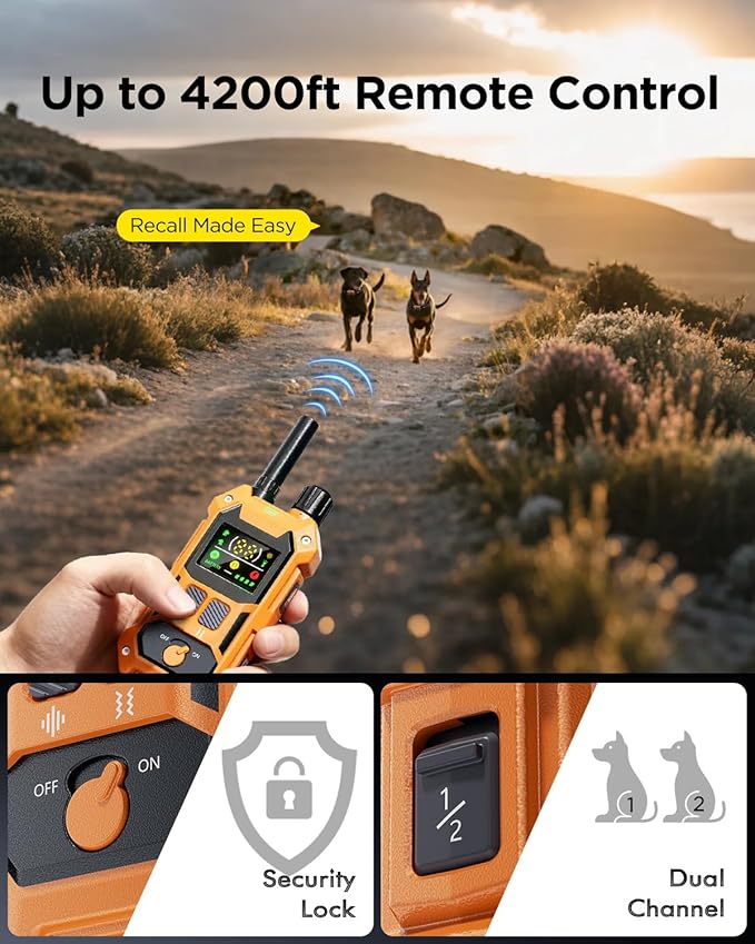 BLACKDOG Military Dog Shock Collar 2 Dogs (5-150lbs) - 4200ft Dog Training Collar with Remote, 4 Training Modes, Flashlight&Strobe, 90-day Battery, IP67 Waterproof Dog E Collar for All Breeds (Orange)