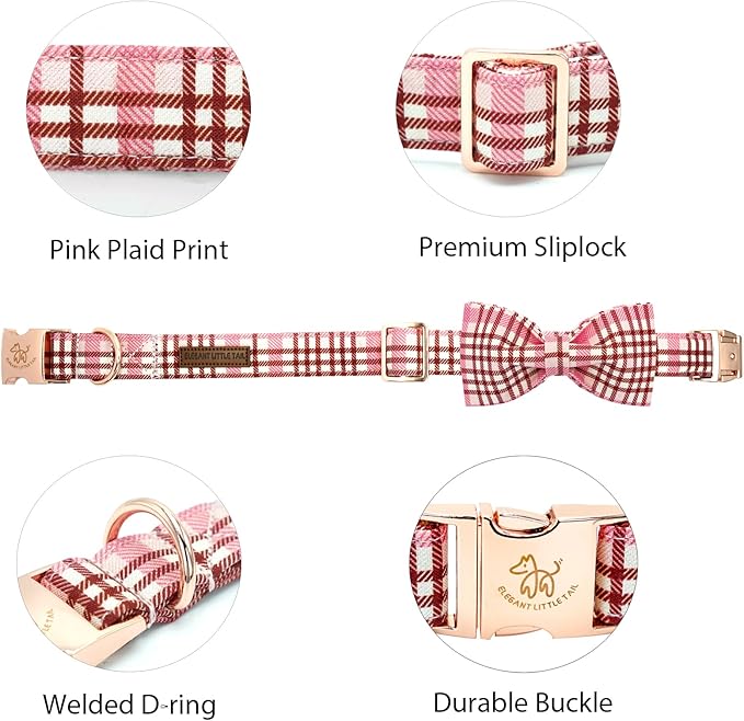 Elegant little tail Dog Collar- Cute Pink Dog Collar with Bow for Large Dogs, Female Adjustable Cotton Summer Pet Bow Holiday Puppy Collar for Small Medium Large Dogs