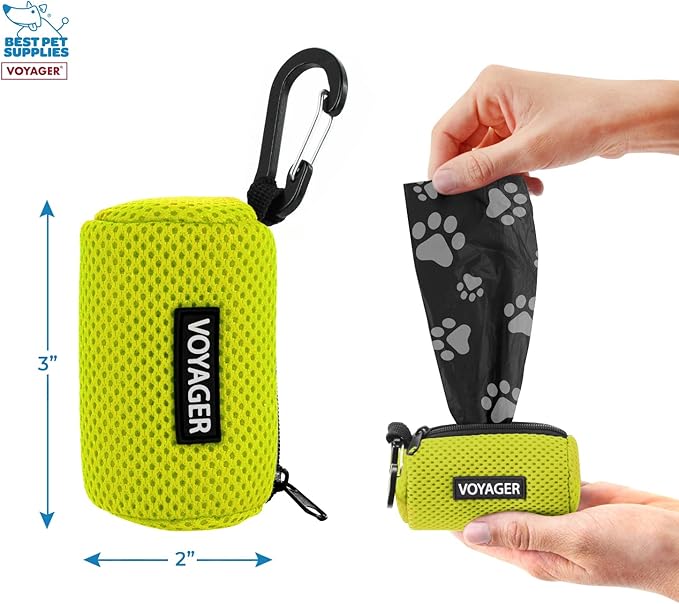 Best Pet Supplies Dog Poop Bag Holder Leash Attachment with 15 Bags, Lime Green, Reusable Mesh Dispenser Pouch for Travel, Walking, Park, and Outdoor Use, Soft and Durable with Clip-On