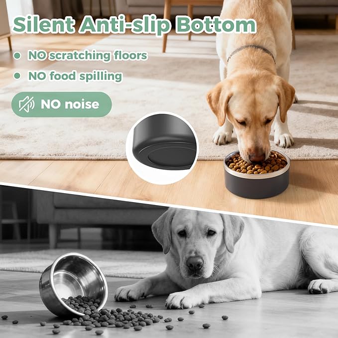 LIHONG Stainless Steel Dog Bowls for Large Dogs,Dog Food Water Bowls with Non Slip Rubber Bottom,Pet Feeding Bowl,Double Wall Insulated,Rustproof(64oz,Black)