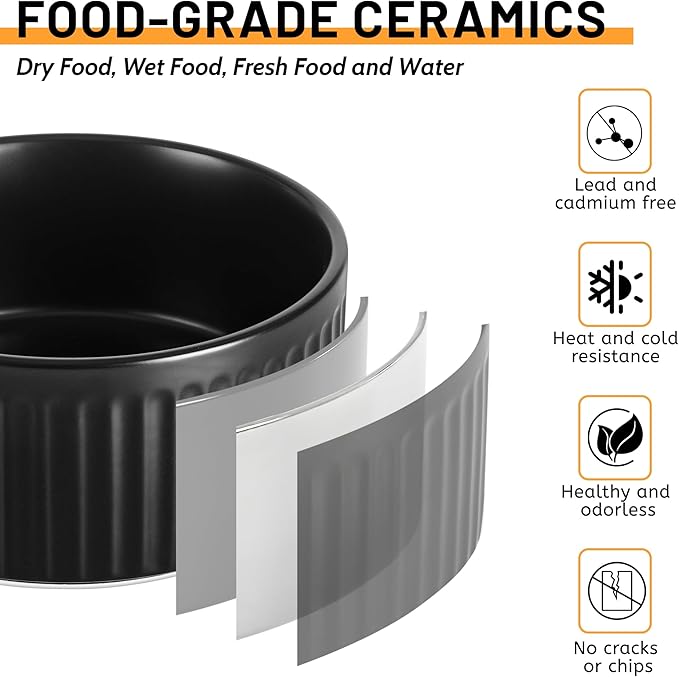 Non-Slip Ceramic Dog Bowls,8" Dog Food and Water Bowl Set with Silicone Base, 64oz/8cups Weighted Flip-Proof Pet Feeding Bowl for Medium and Large Dogs (Large,Black)
