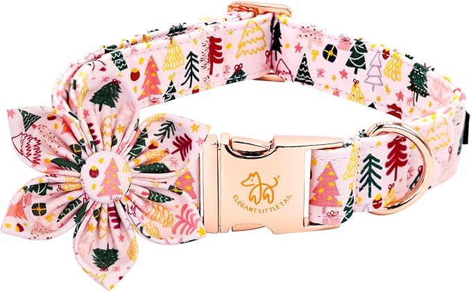 Elegant little tail Christmas Dog Collar, Christmas Tree Pet Collars Flower Pink Metal Buckle Collar Puppy Girl Boy Holiday Cotton Soft Flower Adjustable Dog Collar for Medium Dogs