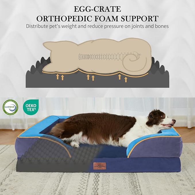 Comfort Expression Orthopedic Dog Bed for Large Dogs 36x27 Inch, Waterproof Egg Crate Foam Large Pet Bed with Removable Bolsters, Dog Couch with Washable Cover & Non-Slip Bottom, Hidden Bay