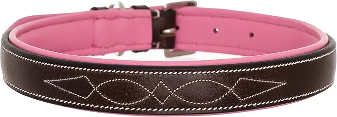 Exion Geniun Leather Dog Collar Designer Stitched Soft Leather Padded- Suitable for Small Medium Large X-Large Dogs for Walking Running- Havana with Pink Padding
