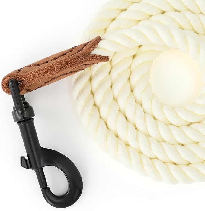 Mile High Life Dog Leash, Braided Cotton Rope Leashes with Leather Tailor Tip with Leather Tip - Heavy Duty Metal Clasp, 6FT, 1/2" Thick - Wedding, Walking Leash for Medium Large Dogs(Cream White)