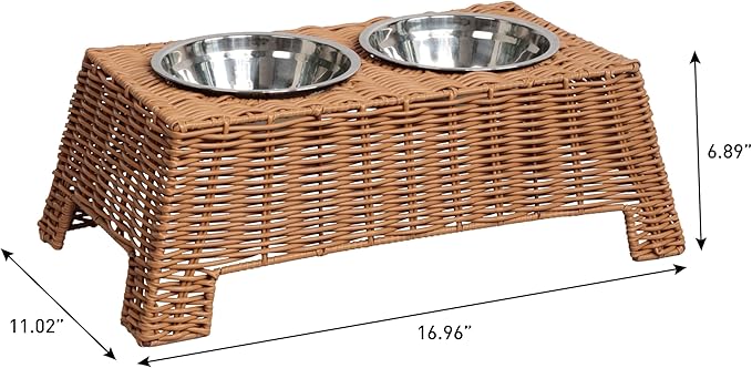 DBL4000B Serenity 6.9" Small/Medium Elevated Wicker Pet Feeder with 18oz (2.2 Cups) 2-Stainless Steel Bowls, Brown