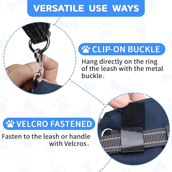 Poop Bag Holder for Leashes, Dog Treat Pouch Carrier with 2 Zipper Pockets and Clip for Puppy Training, Dog Waste Bag Dispenser with 1 Roll Poop Bags for Walking Accessories (Navy Blue)