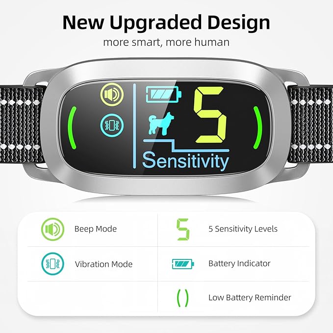 Dog Bark Collar for Large Medium Small Dogs, Rechargeable Smart Bark Collar, Anti Barking Training Collar with 5 Adjustable Sensitivity Beep Vibration (Silver)