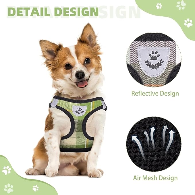 KOOLTAIL Small Dog Harness & Leash Set, Soft Mesh Padded Adjustable Reflective Plaid Harness, Green S