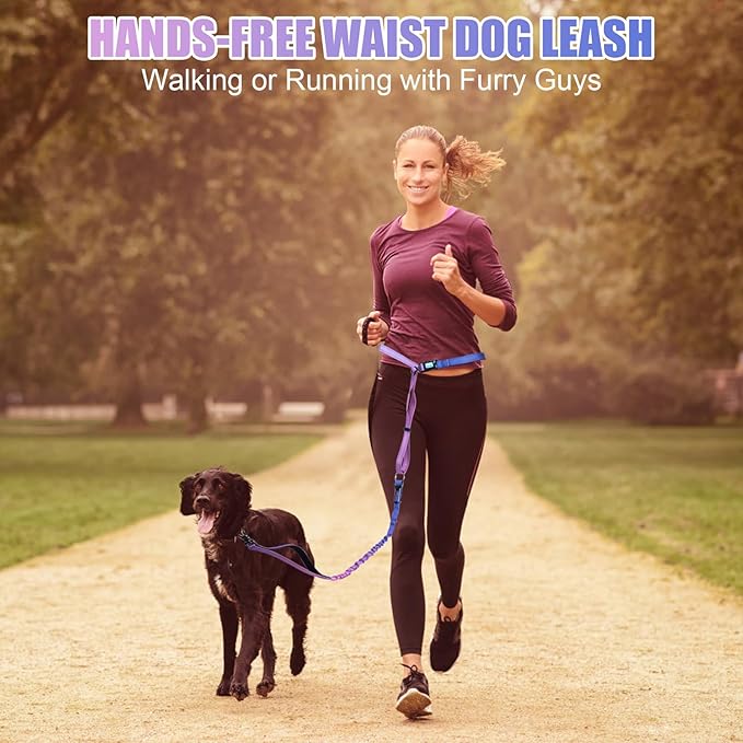Heavy Duty Hands Free Dog Leash, 4-6 FT Reflective Adjustable Waist Dog Leash Belt with Padded Handles, Shock Absorbing Bungee and Car Seat Belt for Large Medium Dogs (Purple Blue, L)