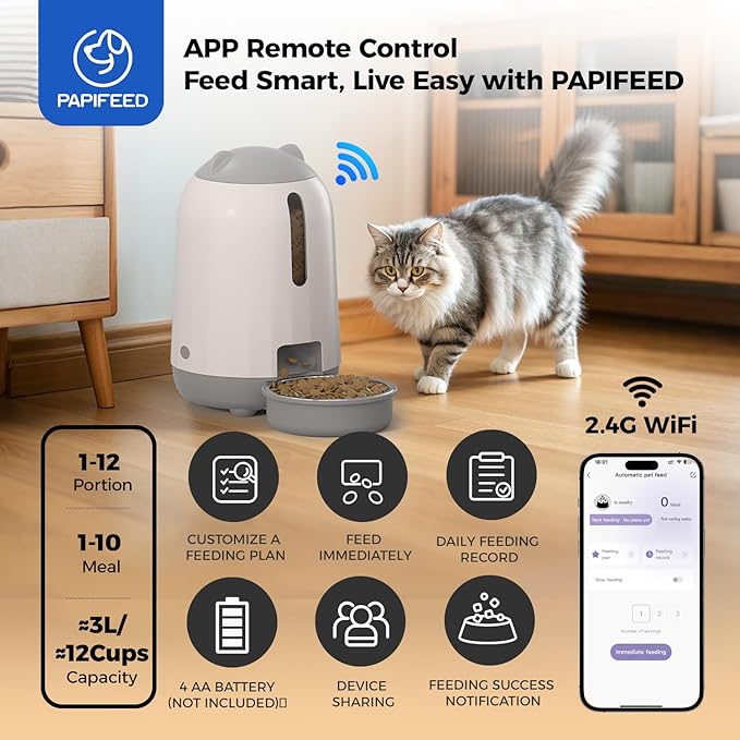 PAPIFEED Automatic Cat Feeder with App Control, 2.4G WiFi Auto Cat Food Dispenser, 3L Cat Feeder Automatic with Dual Power Supply, Easy-Clean Design for Cats & Small Dogs (Grey)