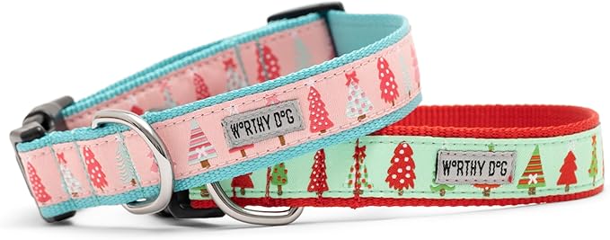 THE WORTHY DOG Adjustable Holiday Dog Collar for Small Dogs, Durable Nylon Webbing, Quick Release Buckle, Holiday Trees Christmas Pattern, Pink, Small