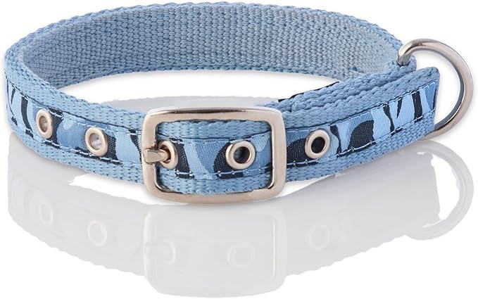 Adjustable Recycled Ribbon Dog Collar for All Pet Breeds, Camo-Navy, Medium
