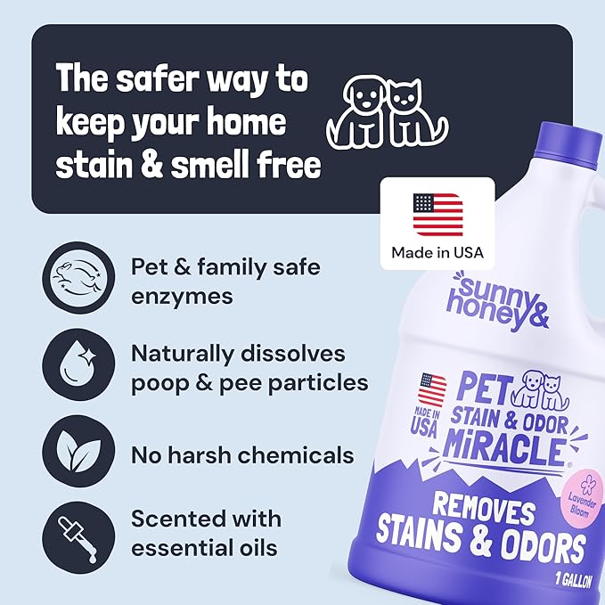 Sunny & Honey Pet Stain & Odor Miracle - Carpet Cleaner For New & Deep-set Messes - Enzyme Cleaner for Dog Urine & Cat Pee - Pet Stain Remover - Surface Odor Eliminator (128 fl oz, Light Lavender)