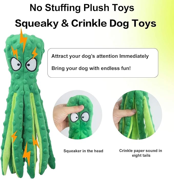 Dog Squeaky Toys Octopus, No Stuffing Crinkle Plush Dog Toys for Puppy Teething, Durable Interactive Dog Chew Toys for Small to Medium Dogs Training and Reduce Boredom (2 Pack)