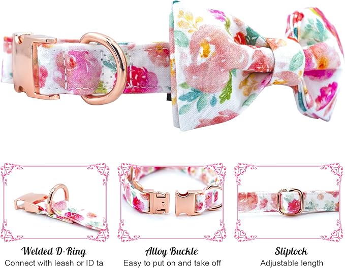 Tunkoo Dog Collar Elegant Floral Bow Tie Unique Style Super Soft Comfy Adjustable Cotton Collar with Premium Metal Buckle, for Puppy Small Medium Large Pet Supplies（Gouache，L）