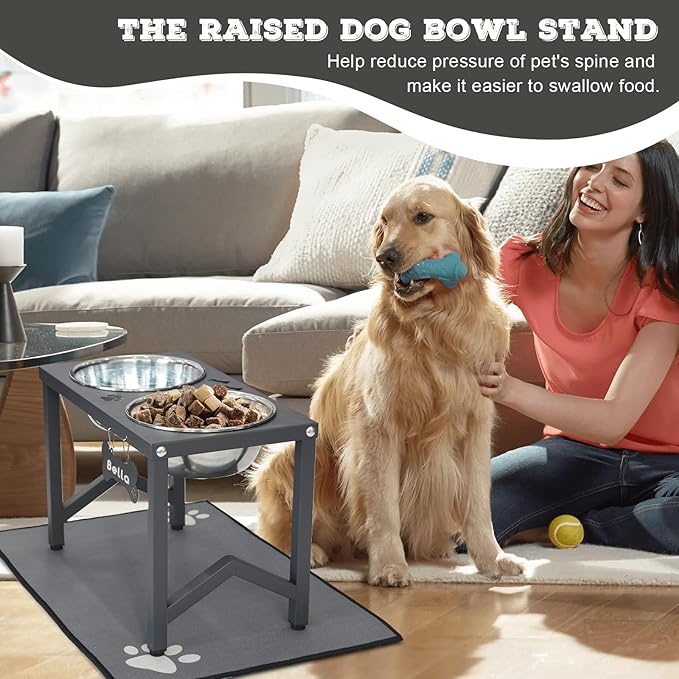 Elevated Dog Bowl Stand, 11.8 Inch Tall Raised Feeder with 2 Stainless Steel Bowls (58oz) and Non-Slip Mat for Medium/Large Dogs (Grey)