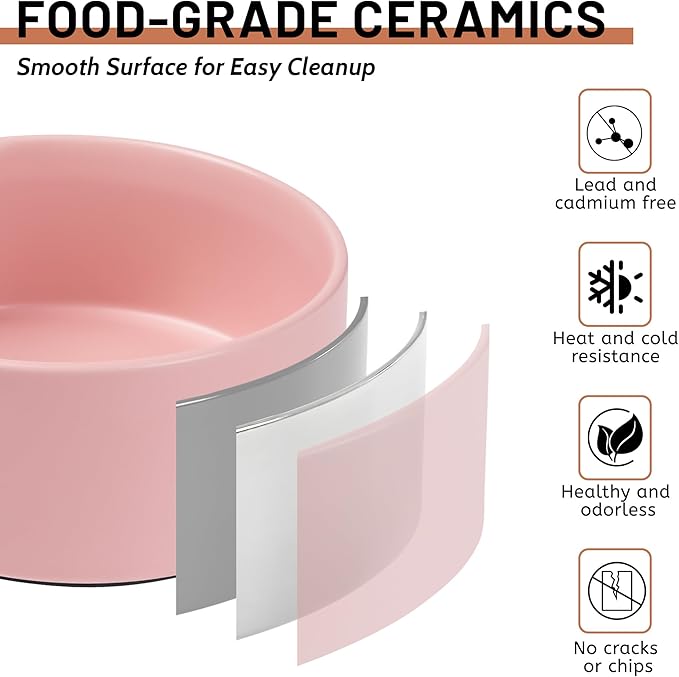 Dog Bowls, Non Slip Ceramic Dog Food and Water Bowl with Silicone Base, Heavy Pet Feeding Bowl for Puppies, Small and Medium Dogs (White+Pink, 6 Inches)