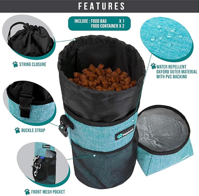 PetAmi Travel Dog Food Bag with 2 Collapsible Bowls Waterproof Dog Kibble Storage & Foldable Food Water Bowls for Dogs & Cats, Hiking & Camping (Sea Blue, Grey)