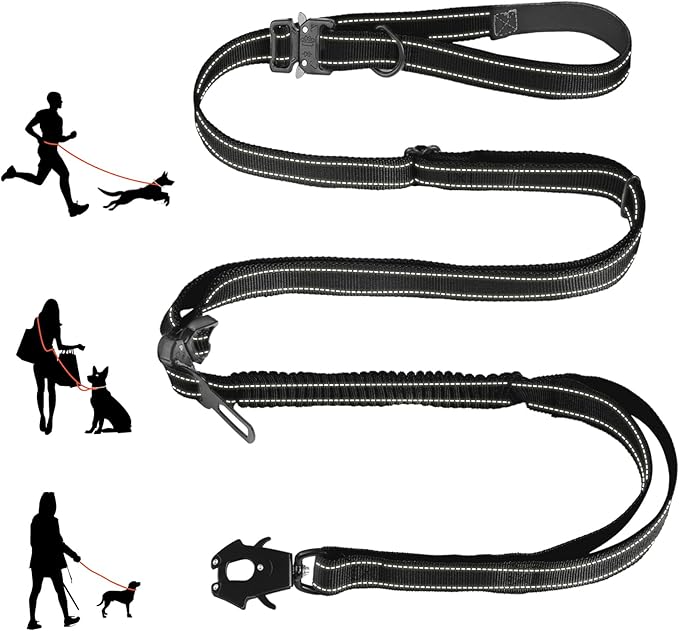 Detachable Heavy Duty Tactical Dog Leash, 9.7FT Hand-Free Bungee Shock Absorption Leash with Padded Handle Quick Release Metal Clip Car Seatbelt No Pull Training Lead for Medium & Large Dogs (Black)