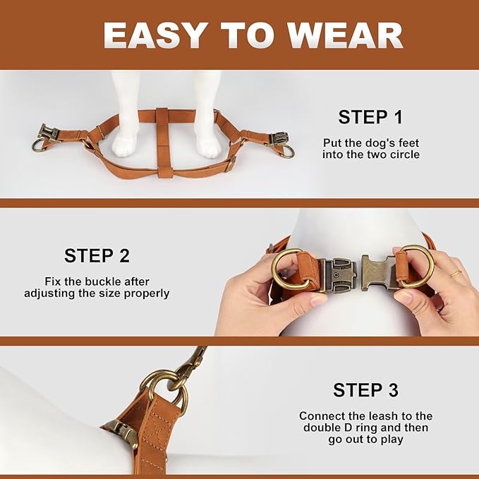 Didog Step in Dog Harness - PU Leather Dog Harness with Antique Bronze Metal Buckle, Easy Walk Dog Halter Harness for Medium Dogs Walking Training (Light Brown, S: Chest 16-22")
