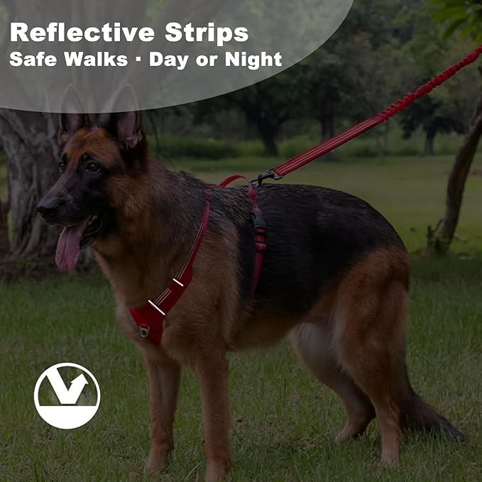 No Pull Dog Harness for Large Dogs, Adjustable, Reflective Breathable Padded Vest with 2 Metal Leash Clips and Handle for Control or Car Seatbelt Use, Red, L