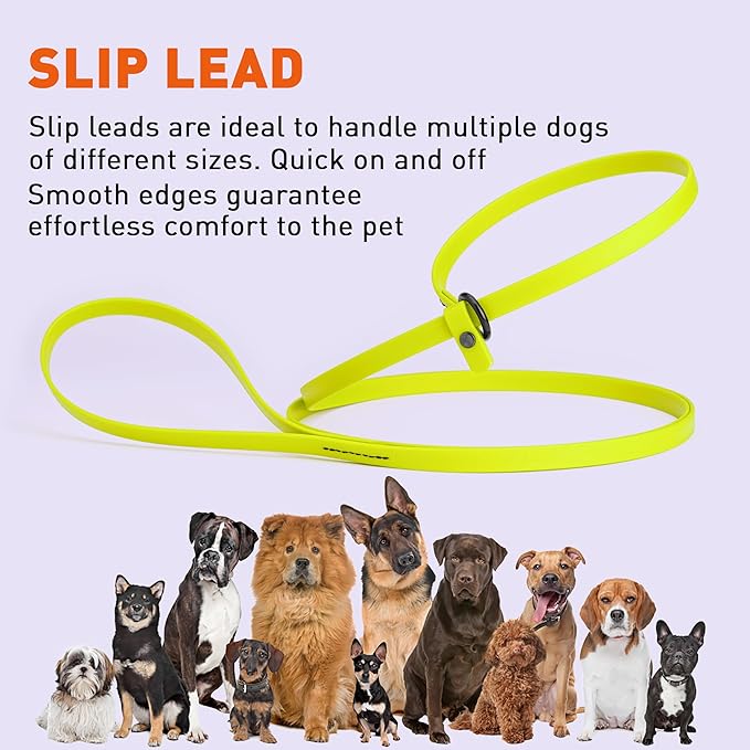 Dogline Biothane Slip Dog Leash - for Small, Medium and Large Dogs - Odor Free Slip Lead, Heavy Duty and Durable Material Kennel Lead - Safety Yellow - 7ft L x 1/2in W