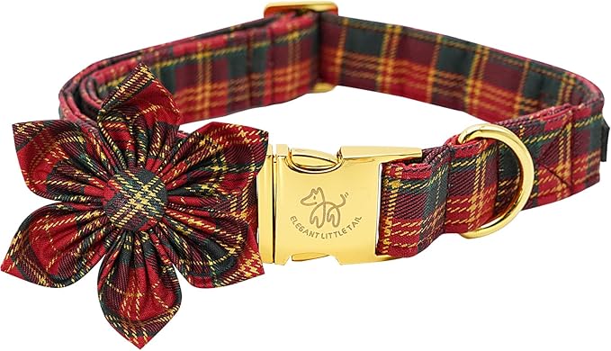 Elegant Little Tail Plaid Christmas Dog Collar with Flower Dog Flowers - Medium Sizes
