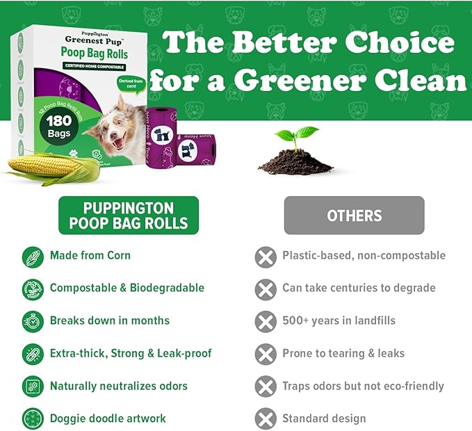 Puppington Certified Home Compostable Poop Bags - ASTM D6400 Compliant - 180 Extra Thick Bags - Plant Based - Pairs with Puppington 3-in-1 Bag & Fits all Standard Poop Bag Dispensers (Plum Wine)