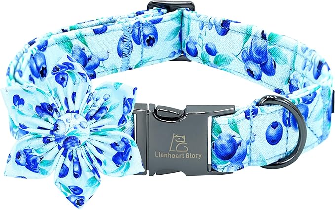 Lionheart glory Dog Collar with Flower Blueberries Print Collars for Large Dogs, Spring Summer Cute Duty Adjustable Dog Flowers Collar Puppy Collars Bows Pet Gift