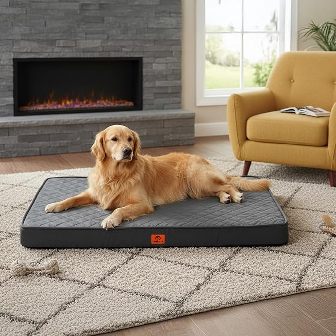 Cozy Dog Bed for XL Large Sized Dogs - Orthopedic Egg Crate Foam Pet Bed with Waterproof & Machine Washable & Non-Slip Bottom, Ideal for Crate and Indoor Use, 41x27 Inch, up to 80 lbs, Dark Grey