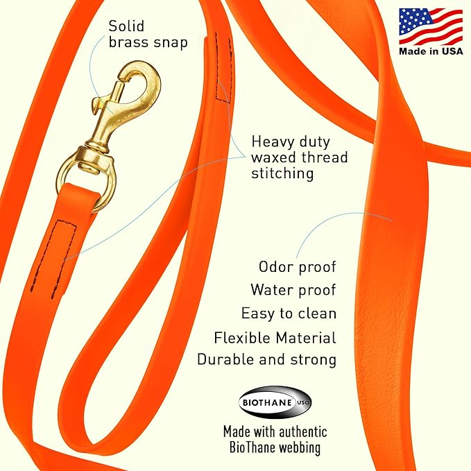 Viper Biothane Working Tracking Lead Leash Long Line for Dogs 2 Colors and 6 Sizes, 3/4" x 15ft, Hunter Orange