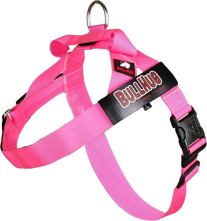 BULLHUG Adjustable Dog Harness– No Pull, No Choke – for English Bulldogs, French Bulldogs, Pugs & Broad-Chested Breeds – Easy, Safe Walks (NEON Pink, Large)