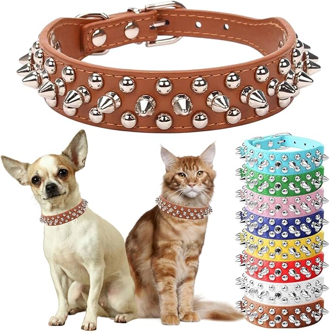 Brown Small Spiked Dog Collar, Boy Spike Puppy Collars Leather Mushrooms Rivet Male Studded Cat Collars Adjustable for Kitten XXS XS Medium Large Dogs, S