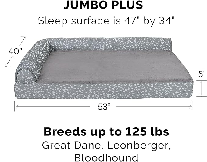 Furhaven Cooling Gel Dog Bed for Large Dogs w/ Removable Bolsters & Washable Cover, For Dogs Up to 125 lbs - Plush & Almond Print L Shaped Chaise - Gray Almonds, Jumbo Plus/XXL