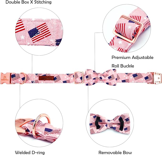 Lionheart glory American Flag Dog Collar 4 of July Independence Patriotic Dog Bow Collars Heavy Duty Adjustable Soft Collar with Bowtie for Medium Dogs Pet Gift