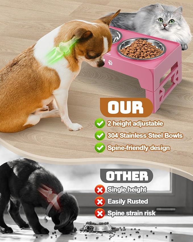 Elevated Dog Bowls, Dog Feeder with 2 Stainless Steel Dishes, 2 Heights Adjustable Raised Stand for Small Dogs, Food Dishes with Non-Slip Feet