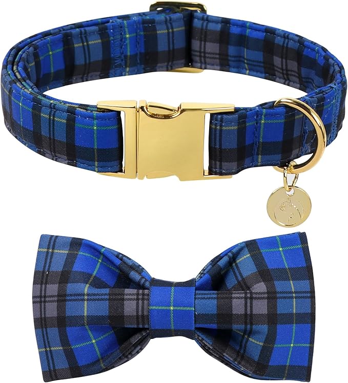 DOGWONG Christmas Dog Collar with Bow Tie, Blue Plaid Dog Collar Durable Metal Buckle Adjustable Soft & Cute Blue Checkered Dogs Collars for Small Medium Large Dogs, L