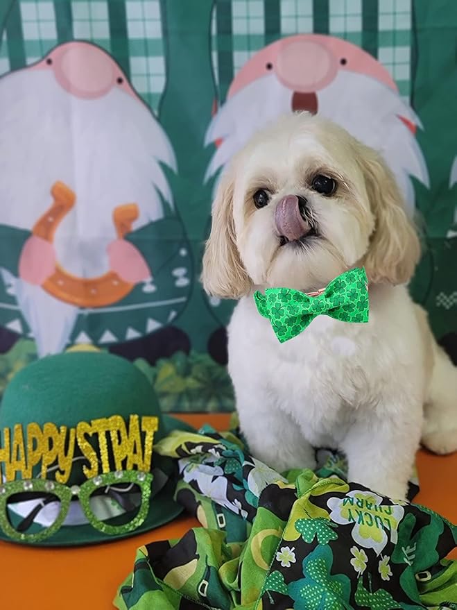 DOGWONG St. Patrick's Day Dog Collar-Cute Clovers Dog Collar with Bow, Cotton Trefoil Bowtie Dog Collars with Metal Buckle for Small Medium Large Dogs
