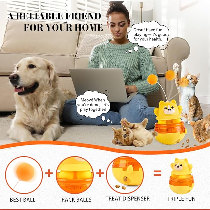 Interactive Cat Wobble Toy with Teaser Wand, Treat Dispensing Puzzle Feeder (No Treats Included), Enrichment Toy for Indoor Cats, Anxiety Relief & Solo Play