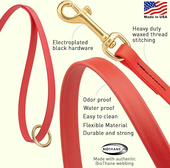Viper Biothane K9 Working Dog Leash Waterproof Lead for Tracking Training Schutzhund Odor-Proof Long Line with Solid Brass Snap for Puppy Medium and Large Dogs 6ft, Cherry Red