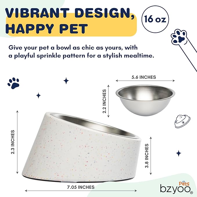 bzyoo 16oz Tilted Dog Bowl for Small Dogs & Cats, 15° Elevated Stainless Steel Pet Feeder, Ergonomic Anti-Vomiting Food Bowl for Frenchie, Pug, Persian Cat, Non-Skid Melamine Stand, Sprinkle (White)
