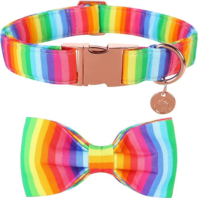 DOGWONG Rainbow Dog Collar with Pretty Bow Tie for LGBT Pride Month - Adjustable and Comfortable Collar for Large Medium Small Dog,L