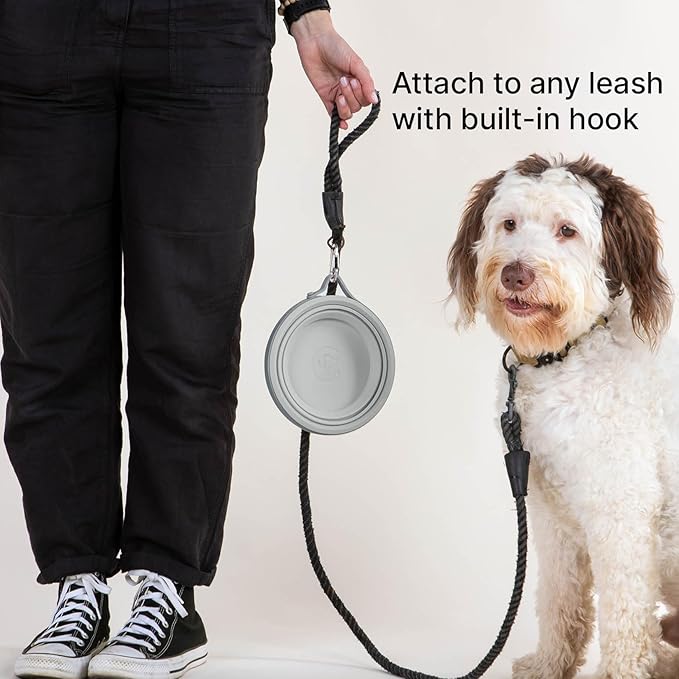 Cleverpup Nomad Large Collapsible Travel Dog Bowl - 4 Cup BPA-Free Silicone for Medium & Large Dogs, Portable, Food & Water, Dishwasher Safe - Grey