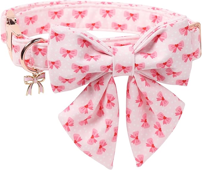 DOGWONG Valentine Dog Collar with Bow, Metal Buckle Adjustable Pink Bowtie Cute Girl Dogs Collars Pet Valentine Collars for Medium Dogs, M